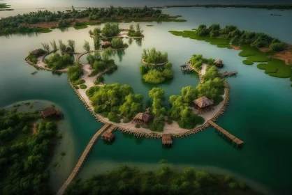 Eco-friendly Aerial View of Tranquil Lake Islands AI Image