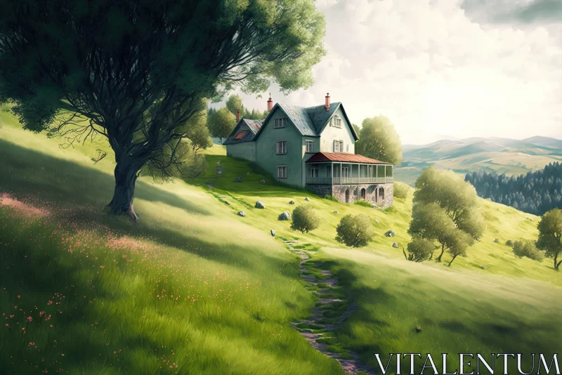 Digital Painting of a Charming House on a Hillside AI Image