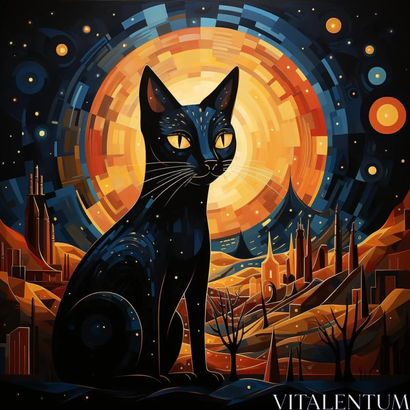 Psychedelic Black Cat in Starlit Cityscape with Egyptian Motifs AI Image