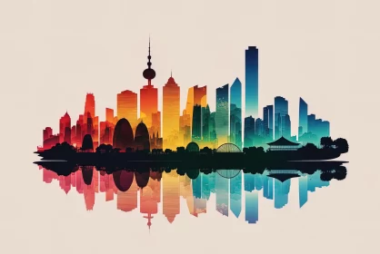 Retro Pop Art Cityscape of Shanghai: Symmetry and Reflections