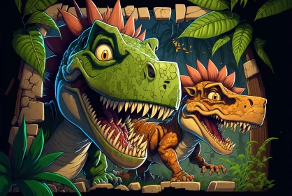 Animated Jungle Encounter: Detailed Dinosaurs in 2D Game Art AI Image