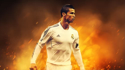 Fiery Cristiano Ronaldo: Soccer Legend in White and Amber AI Image