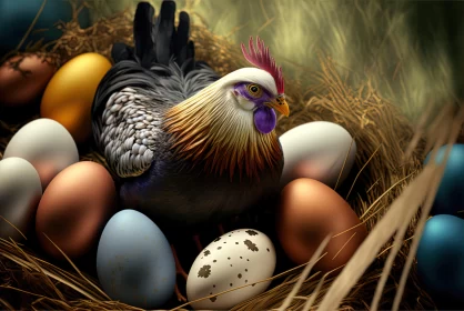 Realistic Fantasy Artwork: Rooster Among Colored Eggs
