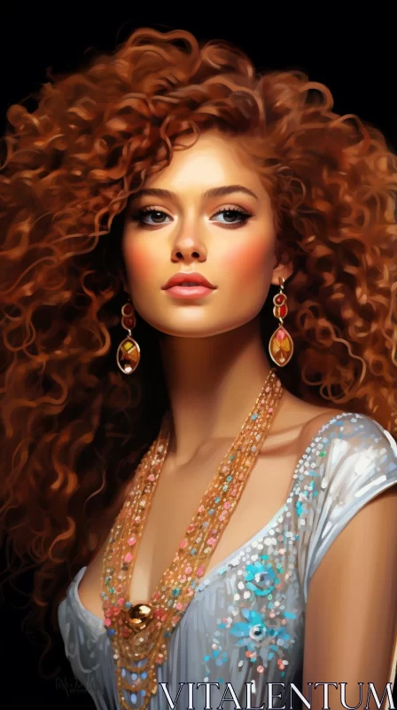 Realistic Portrait of Woman with Red Curly Hair AI Image