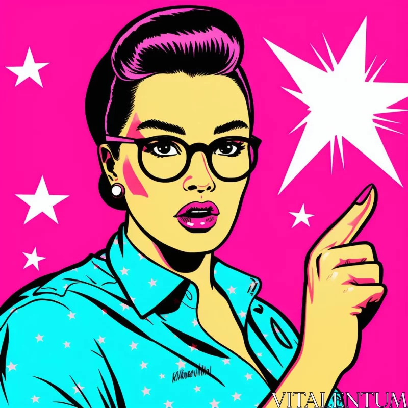 Retro-Style Pop Art: Woman with Glasses Pointing Upwards AI Image