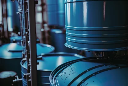 Blue Petroleum Barrels in an Industrial Warehouse AI Image