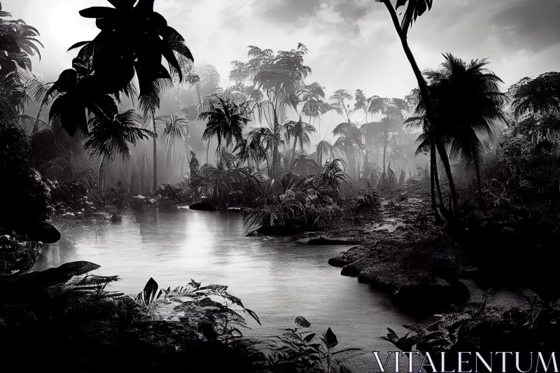 Misty Jungle: A Stylized Black-and-White Rainforest Render AI Image