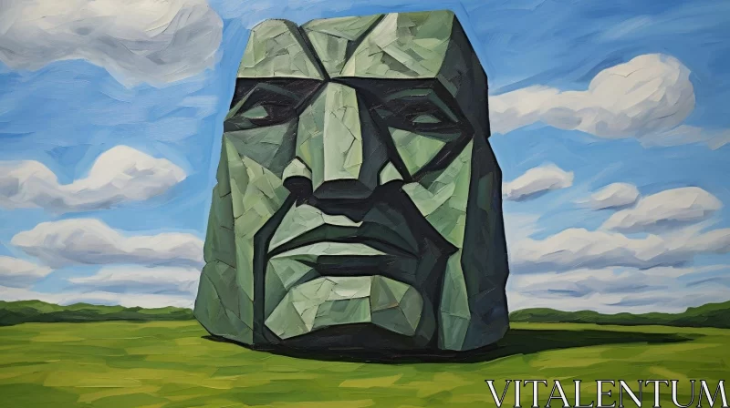 Abstract Monumentalism: Stone Head on Grassy Field AI Image