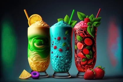 Colorful Trio of Drinks: A Blend of Realism and Surreal Elements