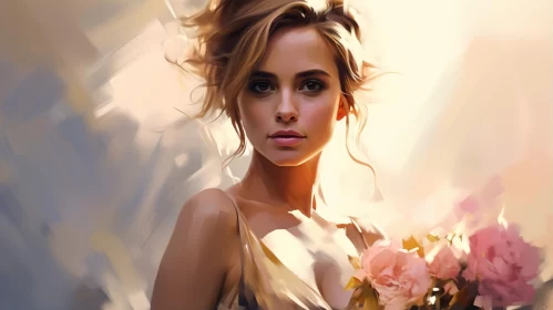 Expressive Digital Art Portrait of Young Woman with Flowers AI Image