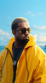 Kanye West in Yellow Jacket by the Ocean AI Image