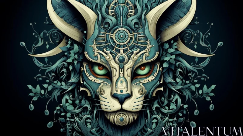 Mysterious Blue Lion's Head in Cyberpunk Style Art Print AI Image