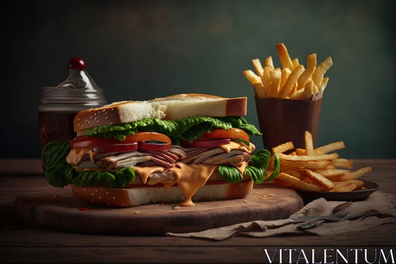Rustic Sandwich and Fries Still Life in Warm Color Palette AI Image