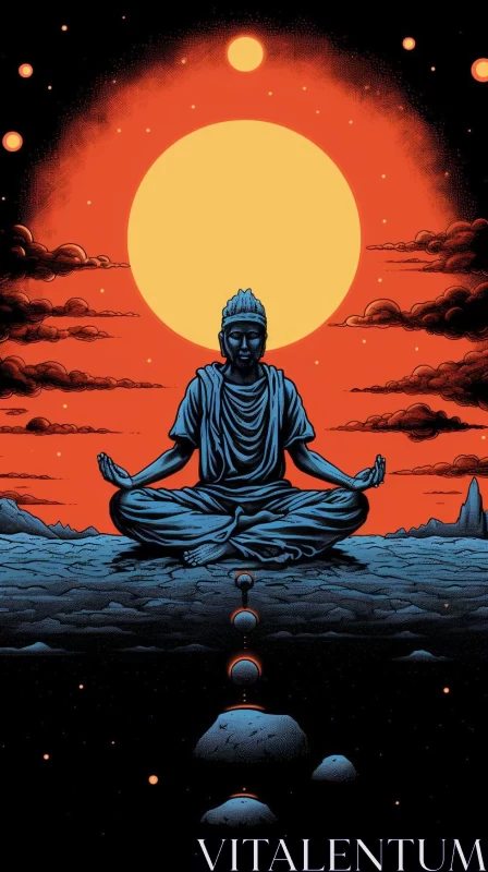 Meditative Man with Orange Moon - Woodblock Print Style AI Image