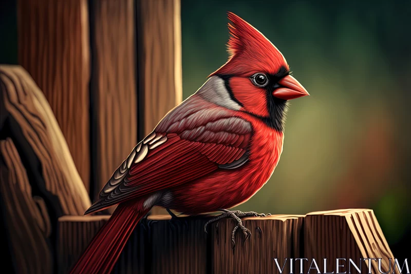 Cardinal Bird Perched on Wooden Fence - Detailed Character Illustration AI Image