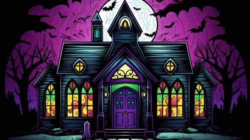 Gothic House with Bats: A Vibrant Halloween Illustration AI Image