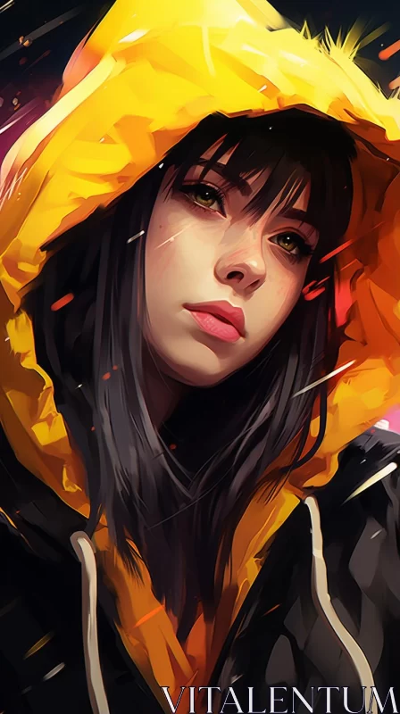 Bold Anime-Style Portraiture: Girl in Yellow Hoodie AI Image