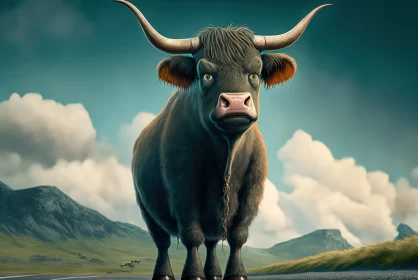 Cartoon Bull on Road Amidst Scottish Landscapes