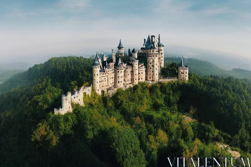 AI ART Neuschwanstein Castle: Aerial View Amidst Greenery