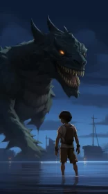 Boy Beside Monster by the Water - Anime Inspired Art AI Image