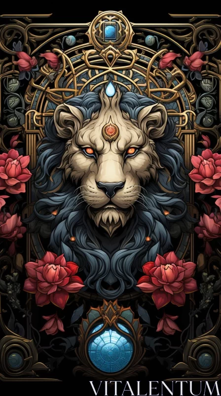 Majestic Lion Surrounded by Roses and Jewels Illustration AI Image