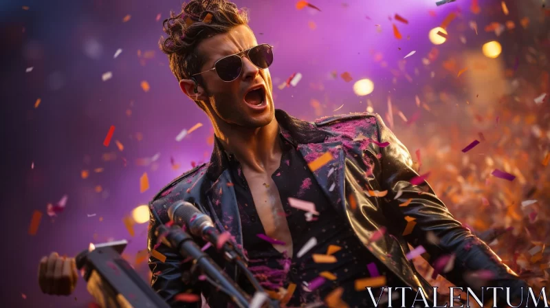 Man Singing in Leather and Sunglasses Amidst Confetti AI Image