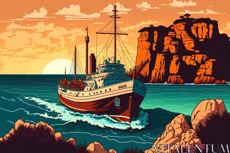 Retro Ship Sailing at Sunrise - Pop Art Style AI Image