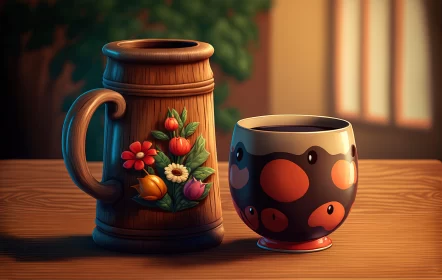 Cartoon Realism Art of Coffee Mug and Wooden Cup