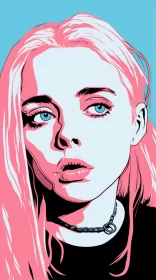 Pop Art Illustration of Girl with Blue Eyes and Pink Hair AI Image
