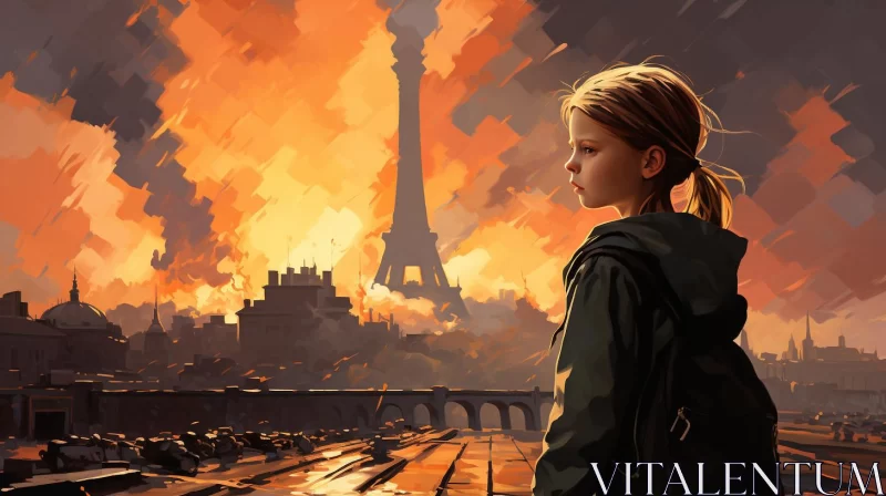 Post-Apocalyptic Paris: Girl Amidst Fire AI Image