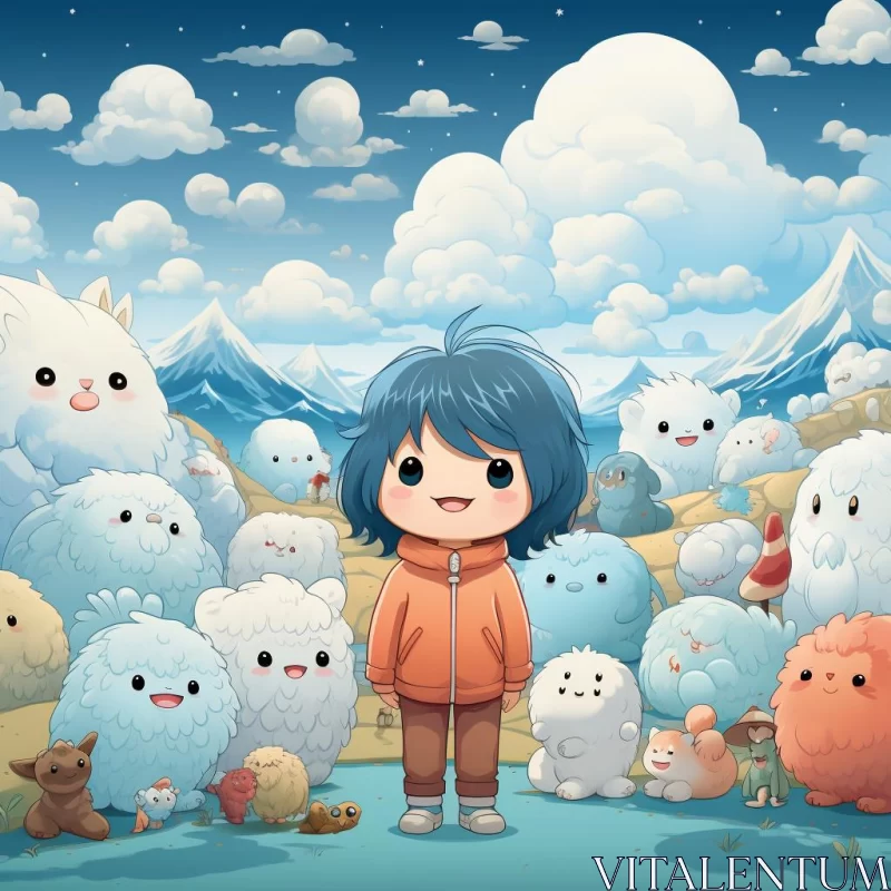 Kawaii Manga Style Mountain Scene with Child and Fluffy Animals AI Image