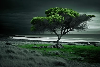 Monochrome Landscape: Lone Tree by the Ocean
