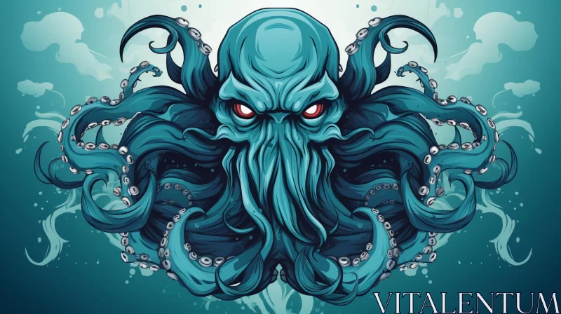 Mysterious Octopus Illustration on Blue Background AI Image