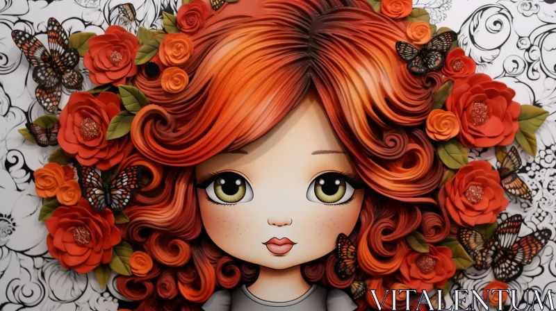 AI ART Red-Haired Girl with Butterflies and Flowers Artwork