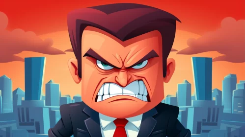 Angry Warrior Cartoon Boss in Dazzling Cityscape Illustration