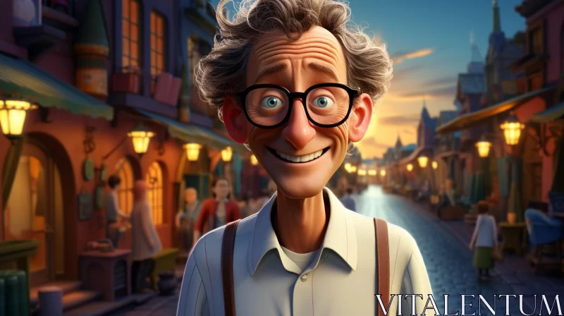 Animated Elderly Man in Caricature-Style Old Town AI Image
