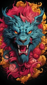 Blue and Red Wolf Illustration in Smoky Background AI Image