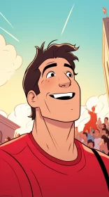 Comic Style Cartoon Character in Red Shirt Smiling at Crowd AI Image