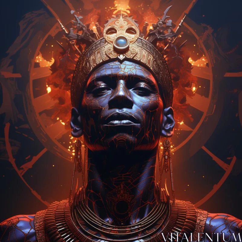 Mystical Afrofuturistic Portrait with Fiery Crown AI Image