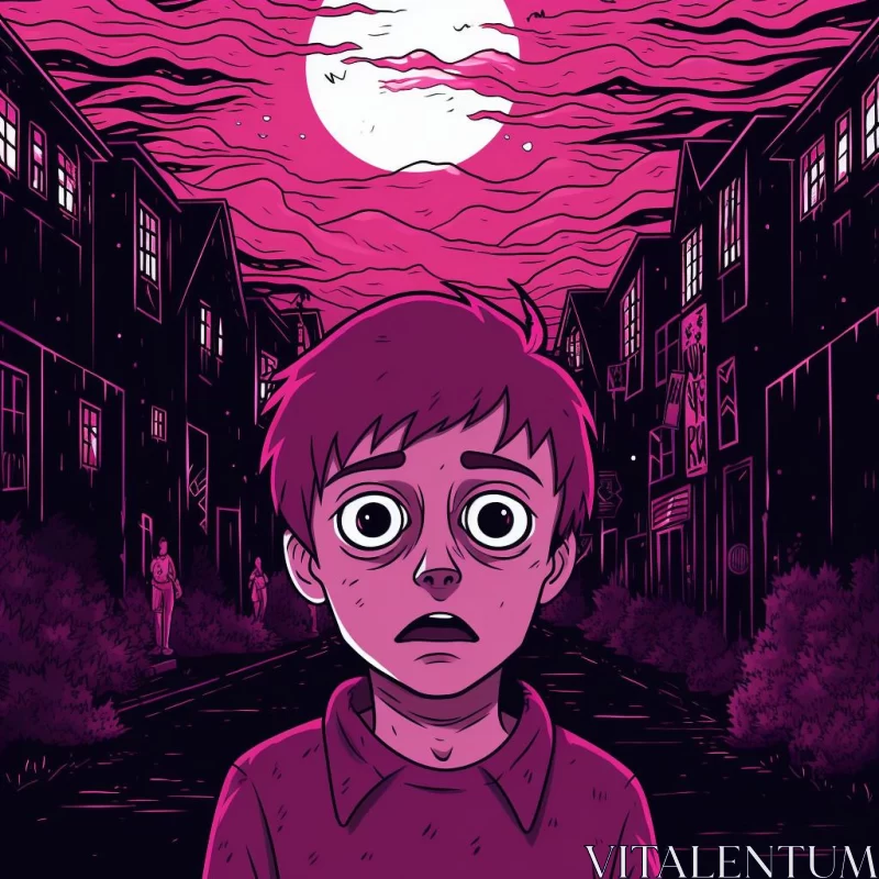 Nightmarish Illustration of a Young Boy on a Street at Night AI Image