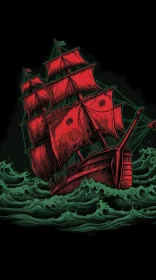 Red Pirate Ship Sailing on Dark Waves - Nostalgic Illustration AI Image