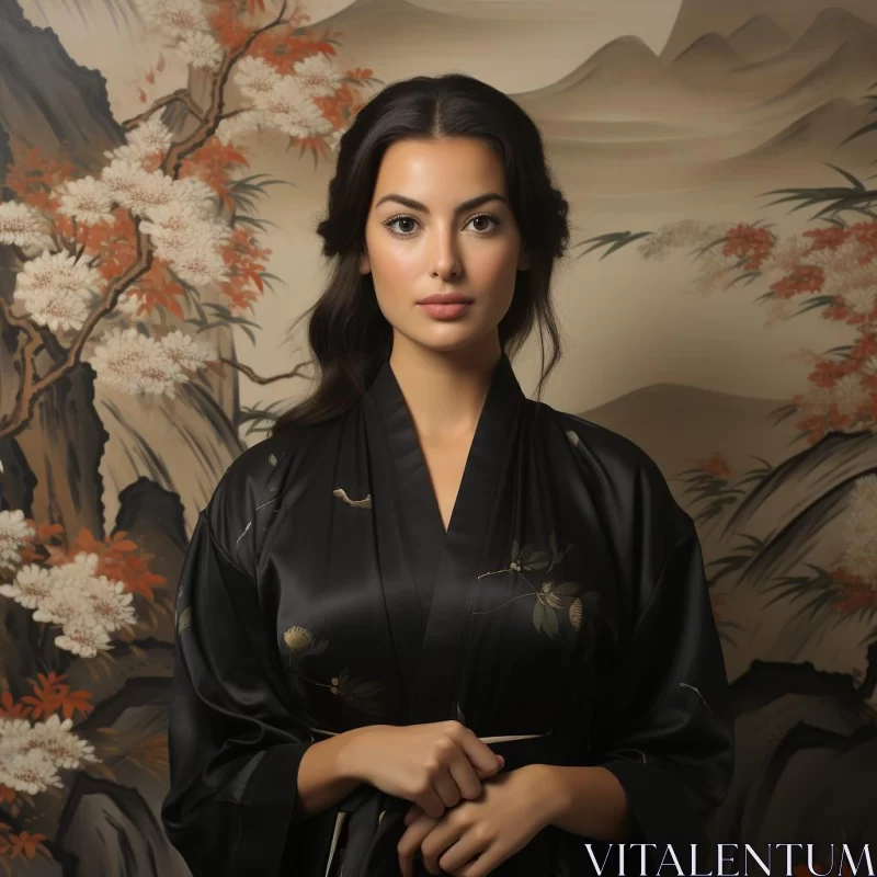 Fashion Model in Black Silk Robe: A Showcase of Traditional Craftsmanship AI Image