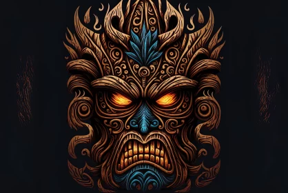 Ornate Tiki Face Illustration in Light Brown and Dark Blue