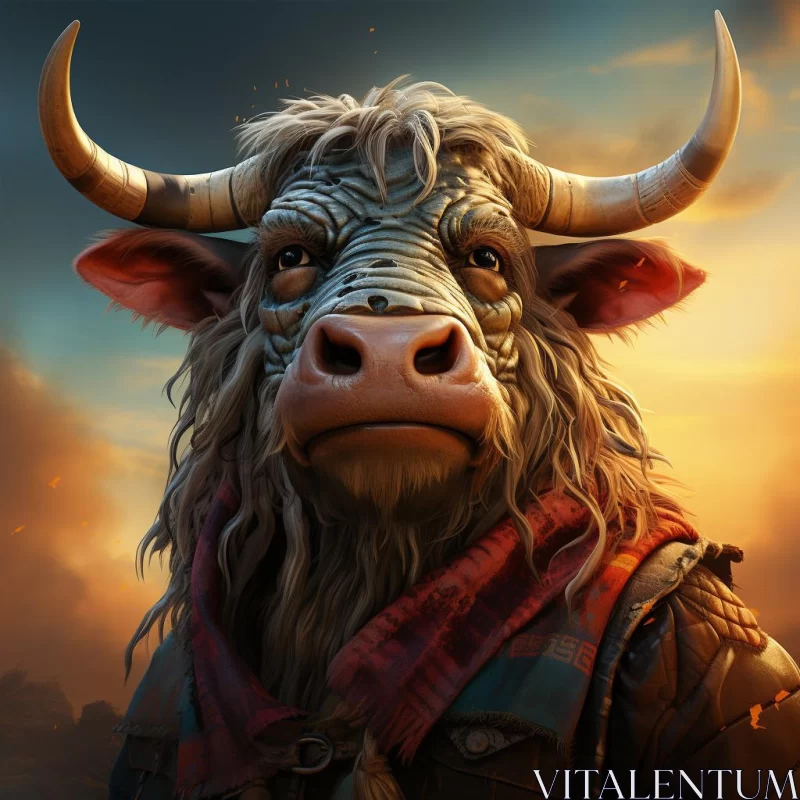 Post-Apocalyptic Cow Portrait at Sunset AI Image