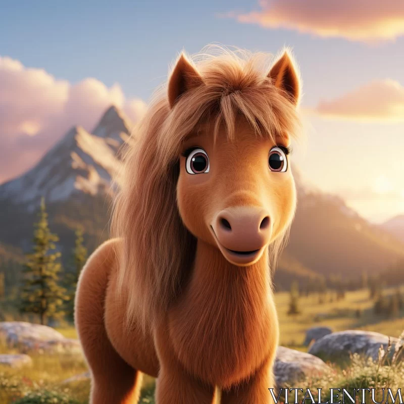 Charming Cartoon Pony in a Mountainous Landscape AI Image