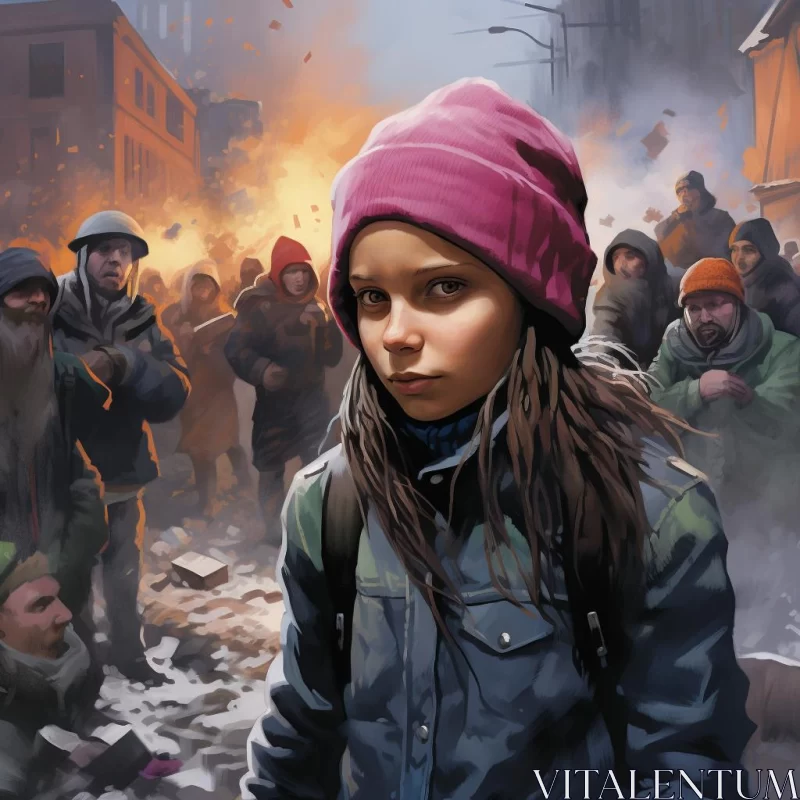Girl Amidst Apocalyptic City - An Illustrative Realism Artwork AI Image