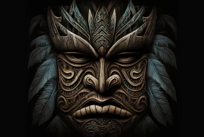 Intricate Tiki Mask Digital Illustration - Indigenous Hawaiian Art AI Image