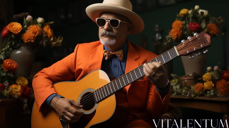 Man in Orange Suit Playing Guitar: A Blend of Tradition and Modernity AI Image