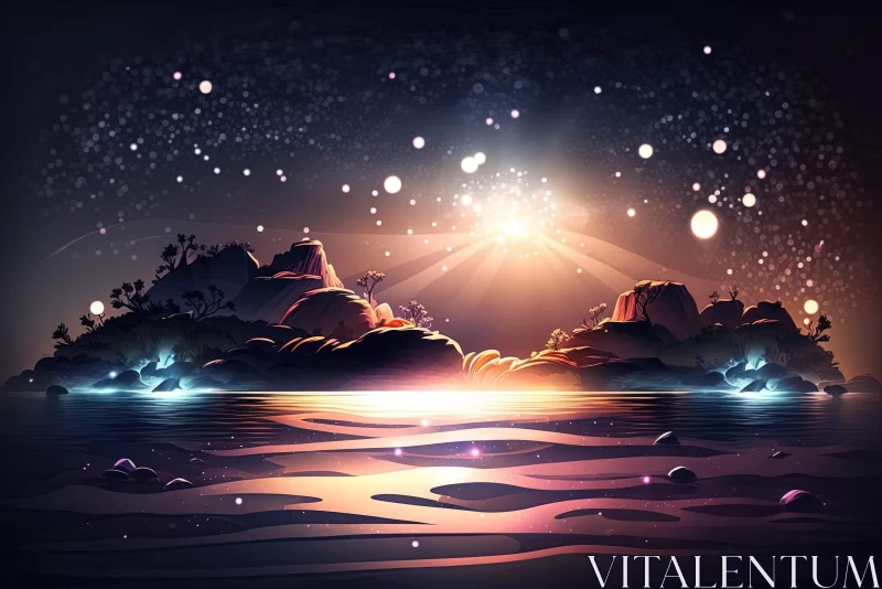 Mystical Island Night Landscape - Graphic Illustration AI Image