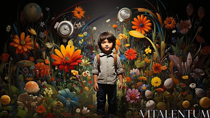 Surrealistic Portrait of a Boy in a Fantastical Flower Field AI Image